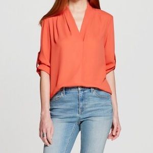 NEW Womens Convertible Sleeve Blouse Orange L